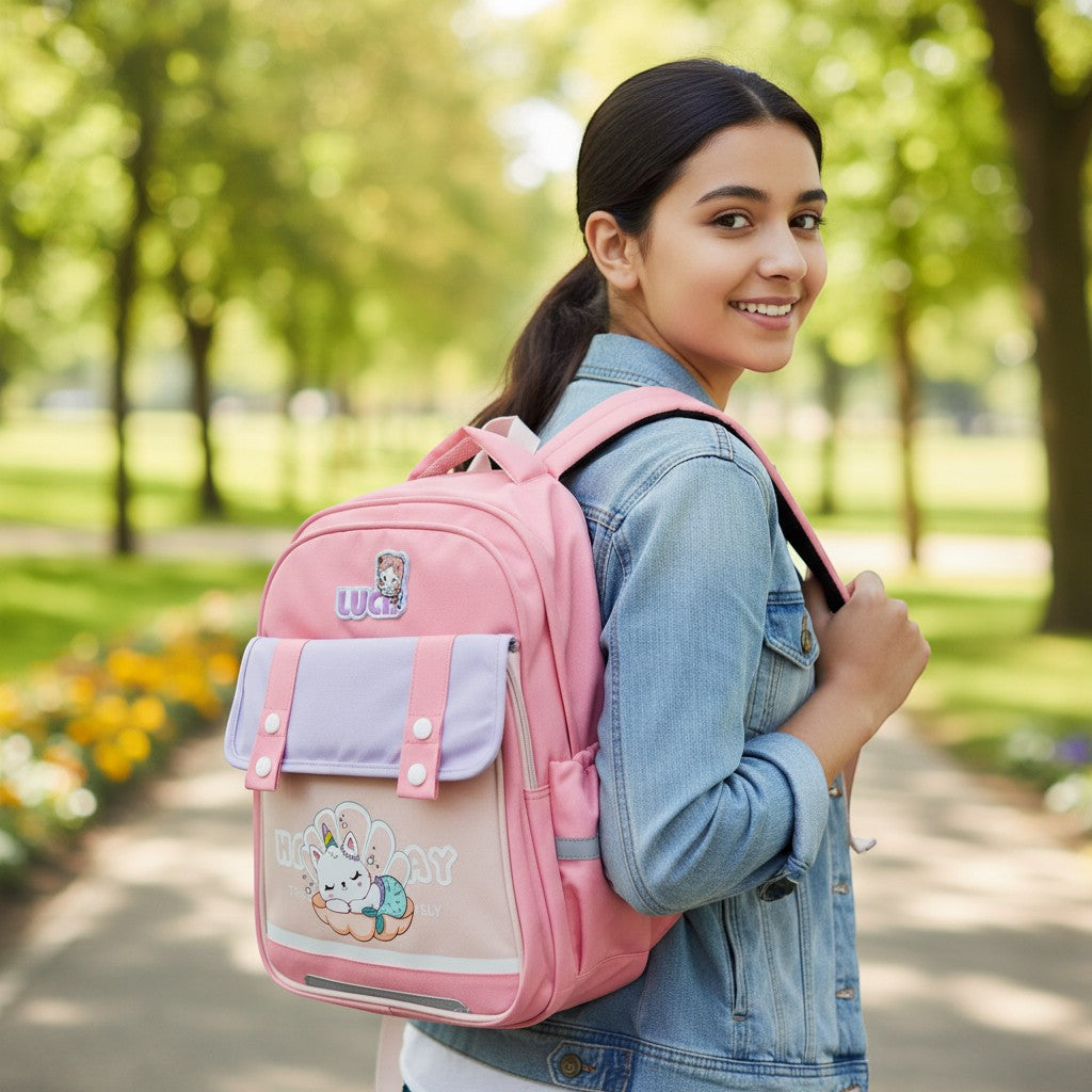 Tiny Tokens pink and lavender canvas-style backpack with flap pocket featuring a kawaii mermaid cat illustration and 'Lucky' badge.