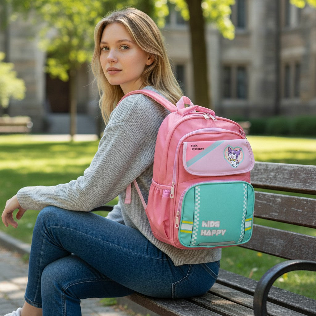Tiny Tokens pink and mint green kawaii character school backpack with "Luck Everyday" and "Kids Happy" text. Features a jester-cat graphic.