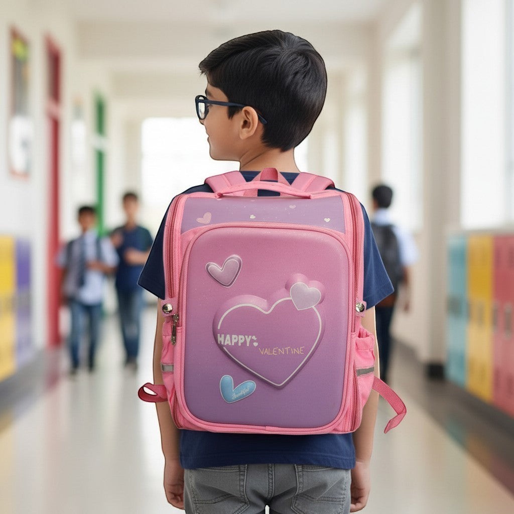 Tiny Tokens pink and purple hard shell school backpack for girls with 3D heart design and "Happy Valentine" text.