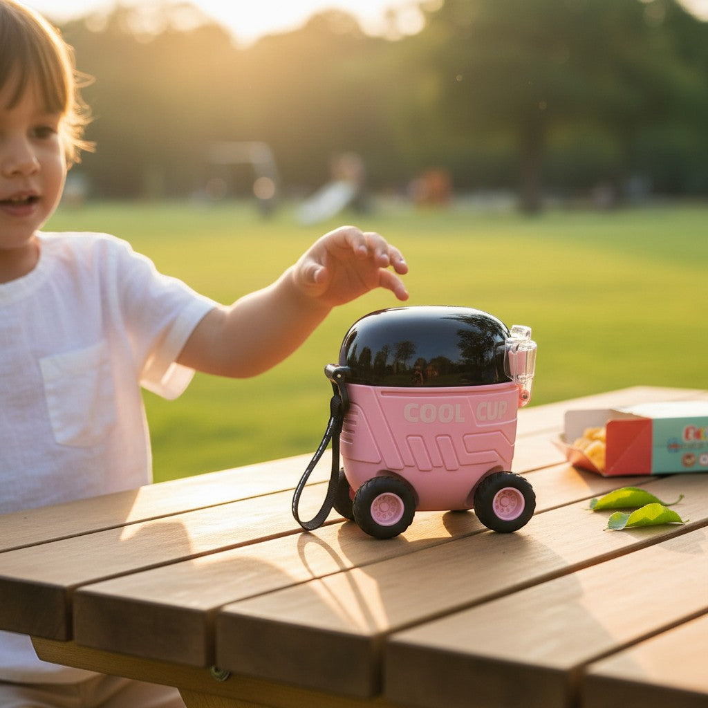 Tiny Tokens pink rolling water cup with black dome lid and straw, BPA-free, for kids aged 3-10.