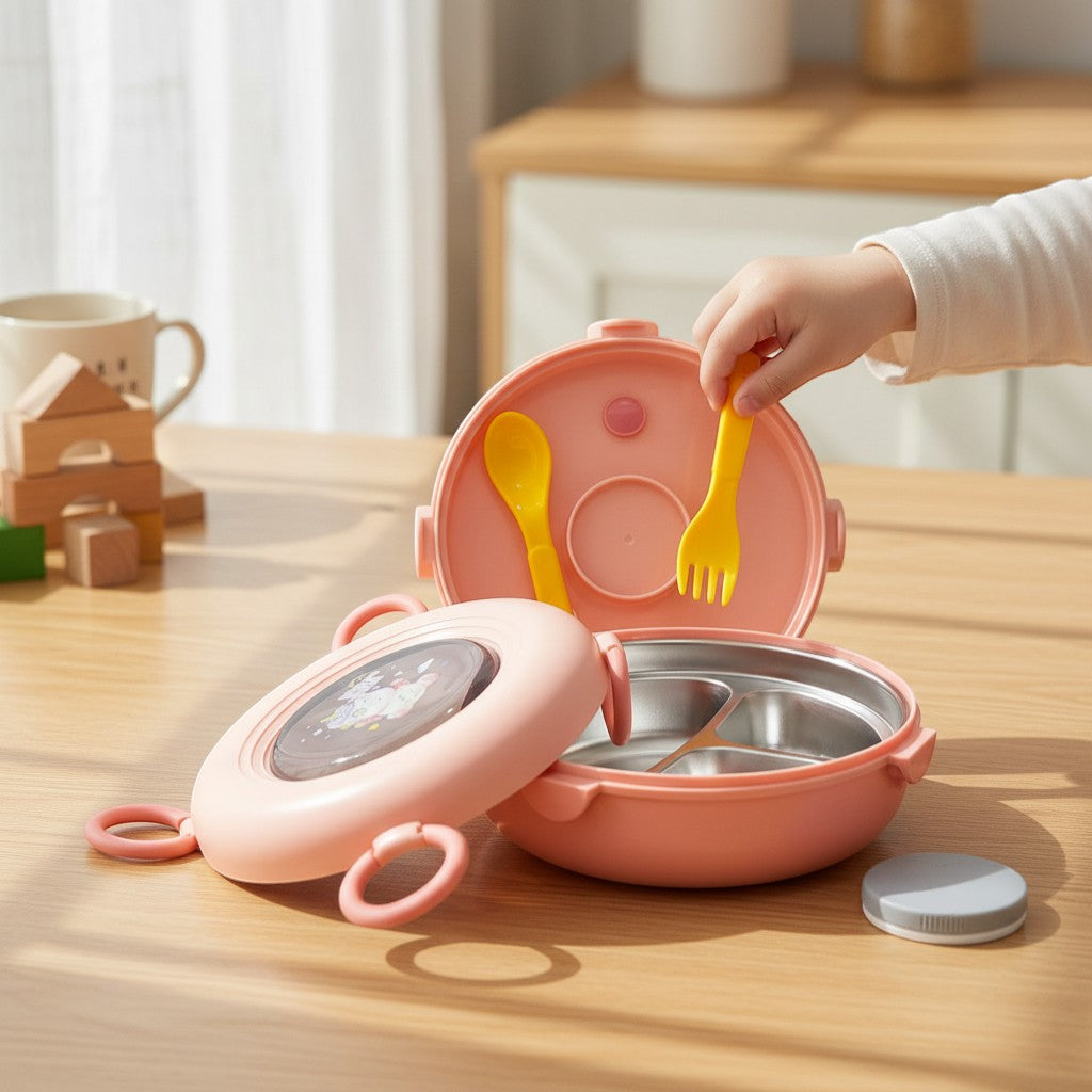Tiny Tokens pink round steel tiffin box with 3 compartments, spoon and fork, featuring a unicorn design.