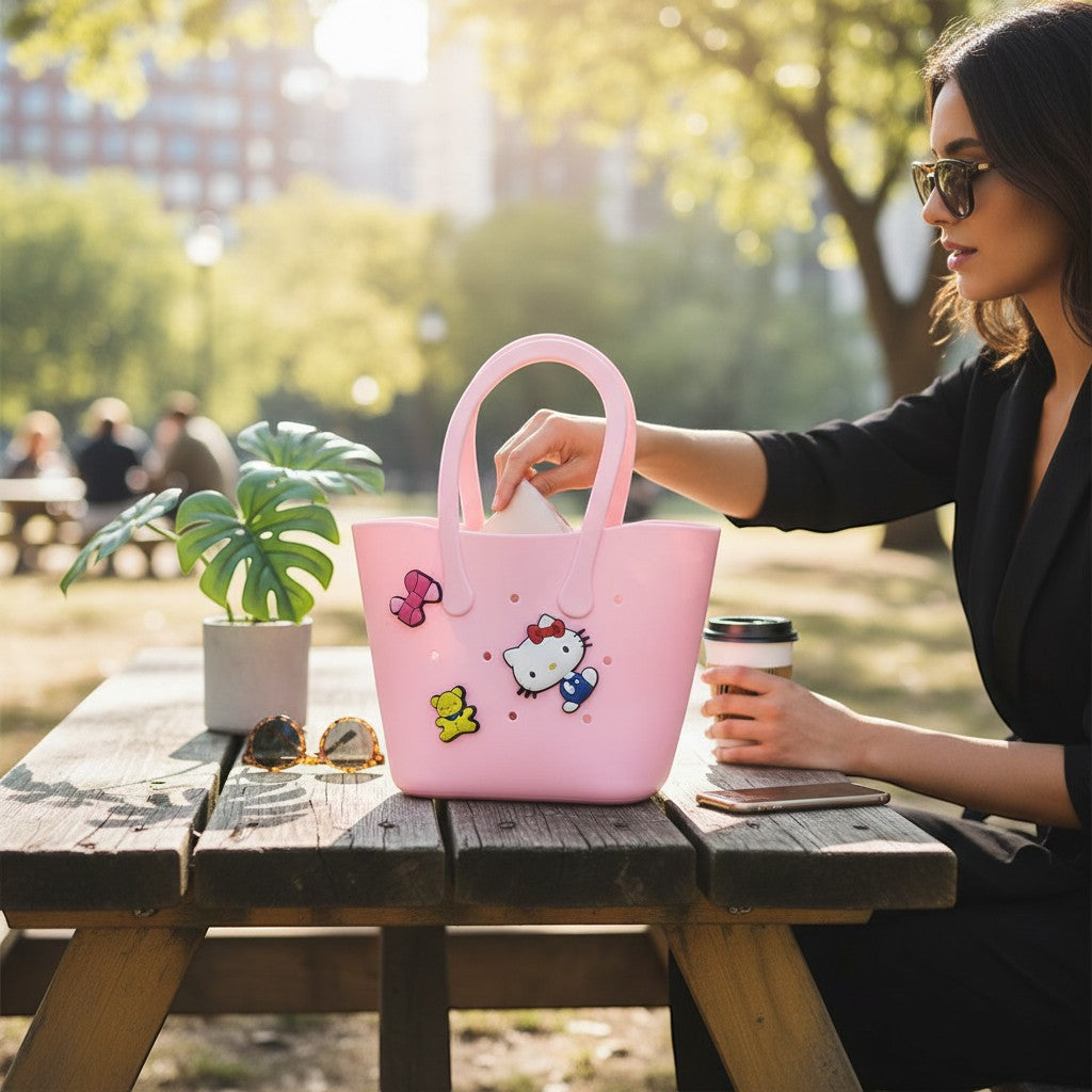 Tiny Tokens pink silicone tote bag for kids, featuring Hello Kitty and bear charms, with ventilation holes and loop handles.
