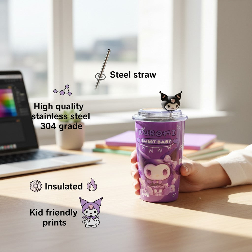 Tiny Tokens purple anime character steel tumbler with 3D topper and steel straw. Double-wall insulated for kids and teens.