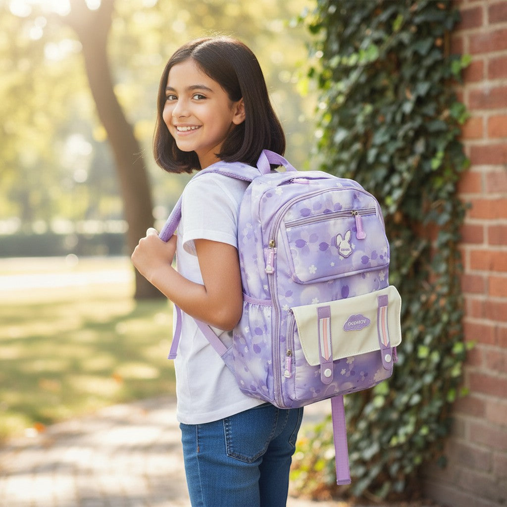 Tiny Tokens purple floral rabbit kawaii school backpack with cream front pocket and pastel pink accents.