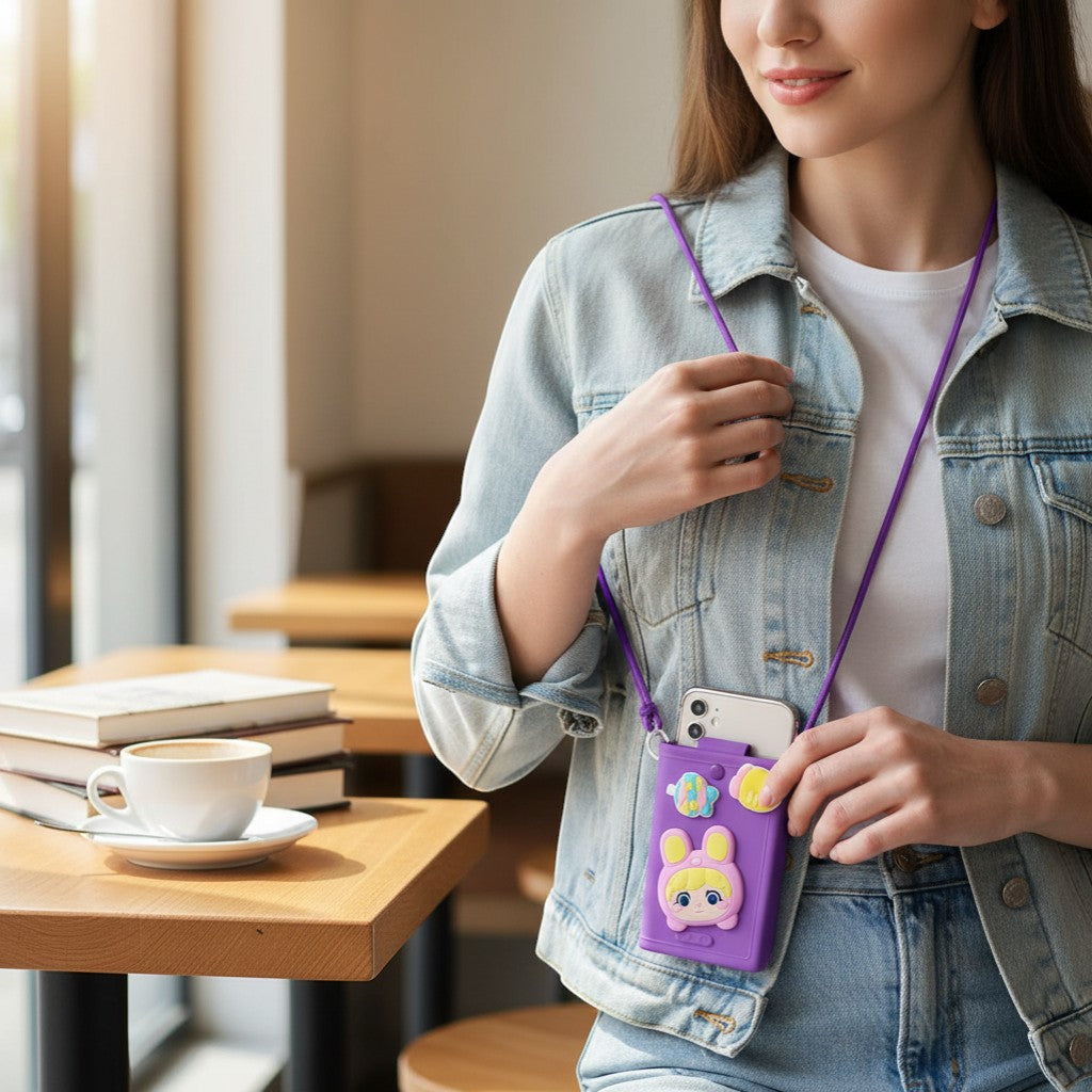 Tiny Tokens purple silicone crossbody bag with 3D cartoon doll face, candy, and ball charms. Adjustable rope strap.
