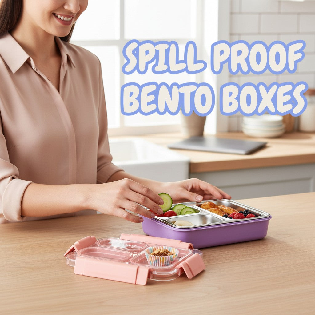 Tiny Tokens purple 3-section steel lunch box with pink latches and transparent lid. Ideal for school.