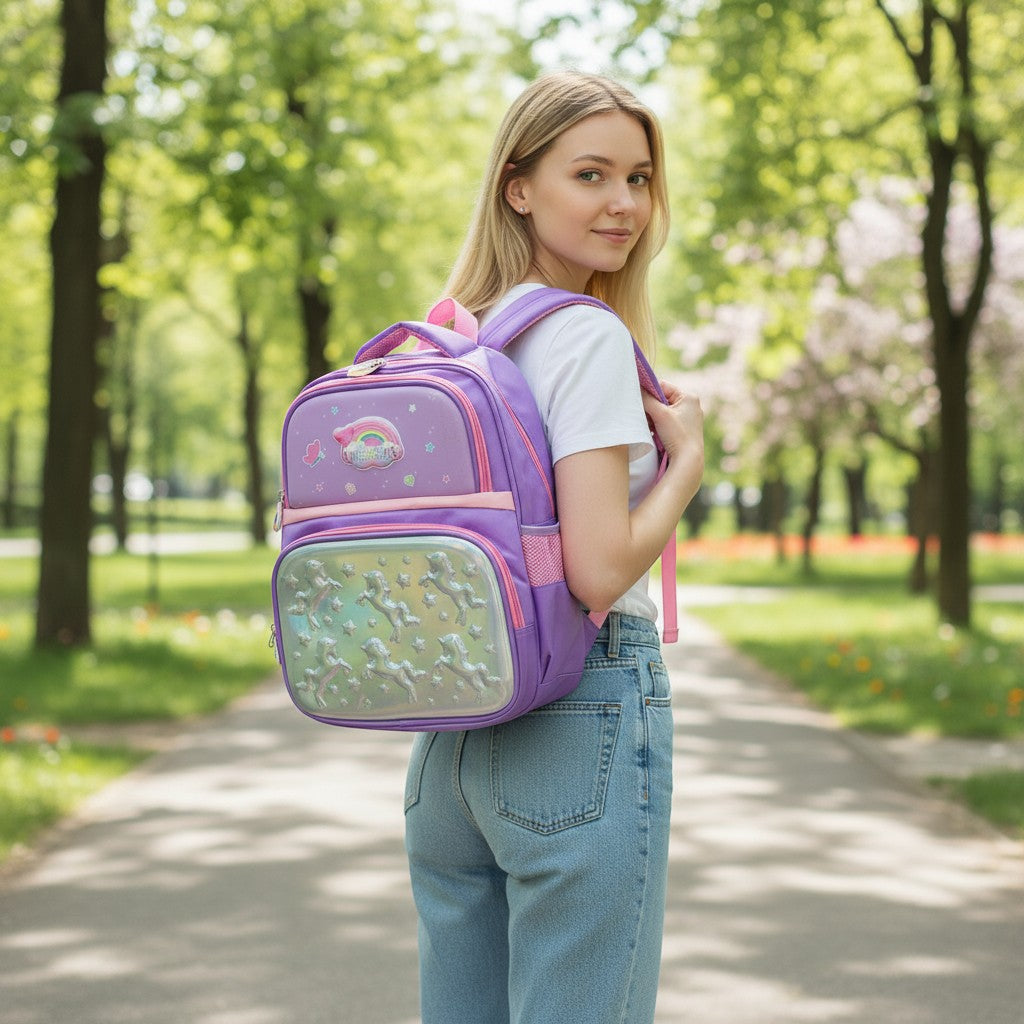 Tiny Tokens purple and pink girls backpack with 3D holographic unicorn pocket and rainbow cloud EVA panel.