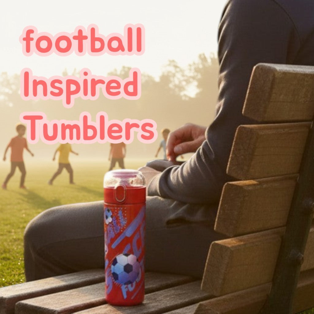 Tiny Tokens red insulated steel water bottle for kids with football graphics and straw lid. Ideal for school and sports.