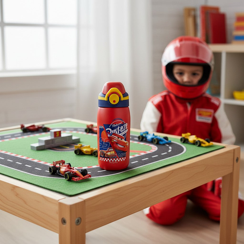 Tiny Tokens red steel insulated bottle with Lightning McQueen, flip straw lid, and carry handle. Ideal for school.