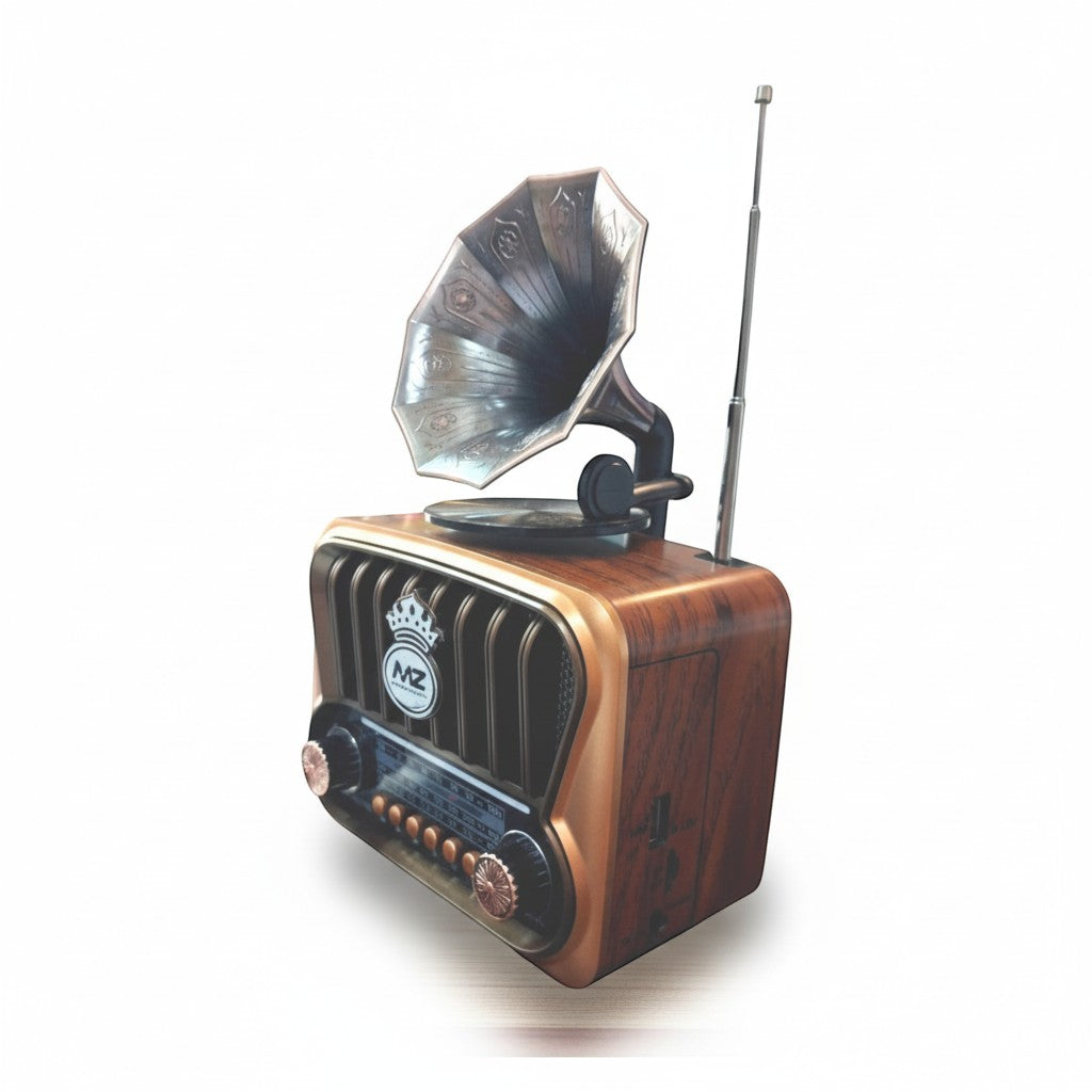 Tiny Tokens retro gramophone Bluetooth speaker with woodgrain finish, copper horn, and FM radio. Features vintage tuning dials.