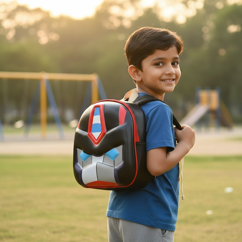 Tiny Tokens black, red, blue, grey robot hard shell toddler backpack with adjustable straps.