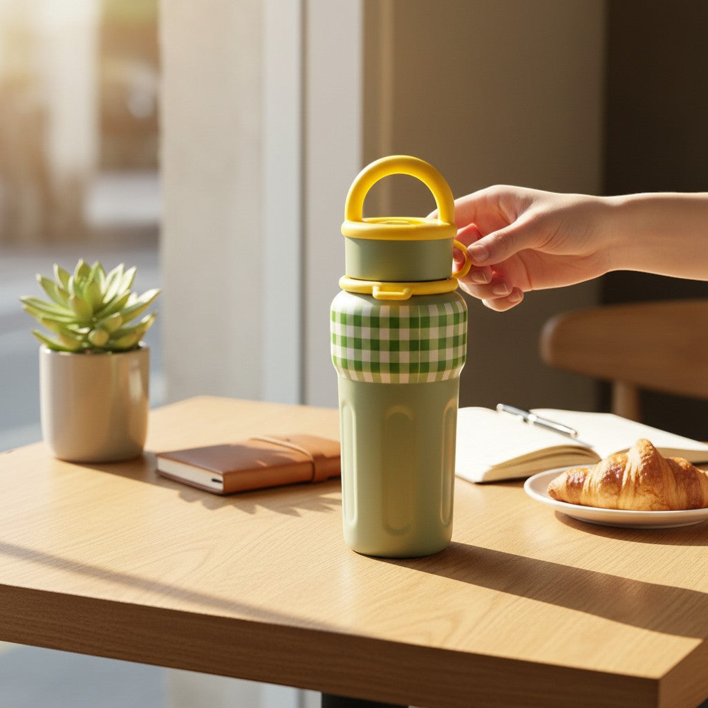 Tiny Tokens sage green gingham steel flask with yellow handle and built-in tea infuser. Ideal for school, office, and daily use.
