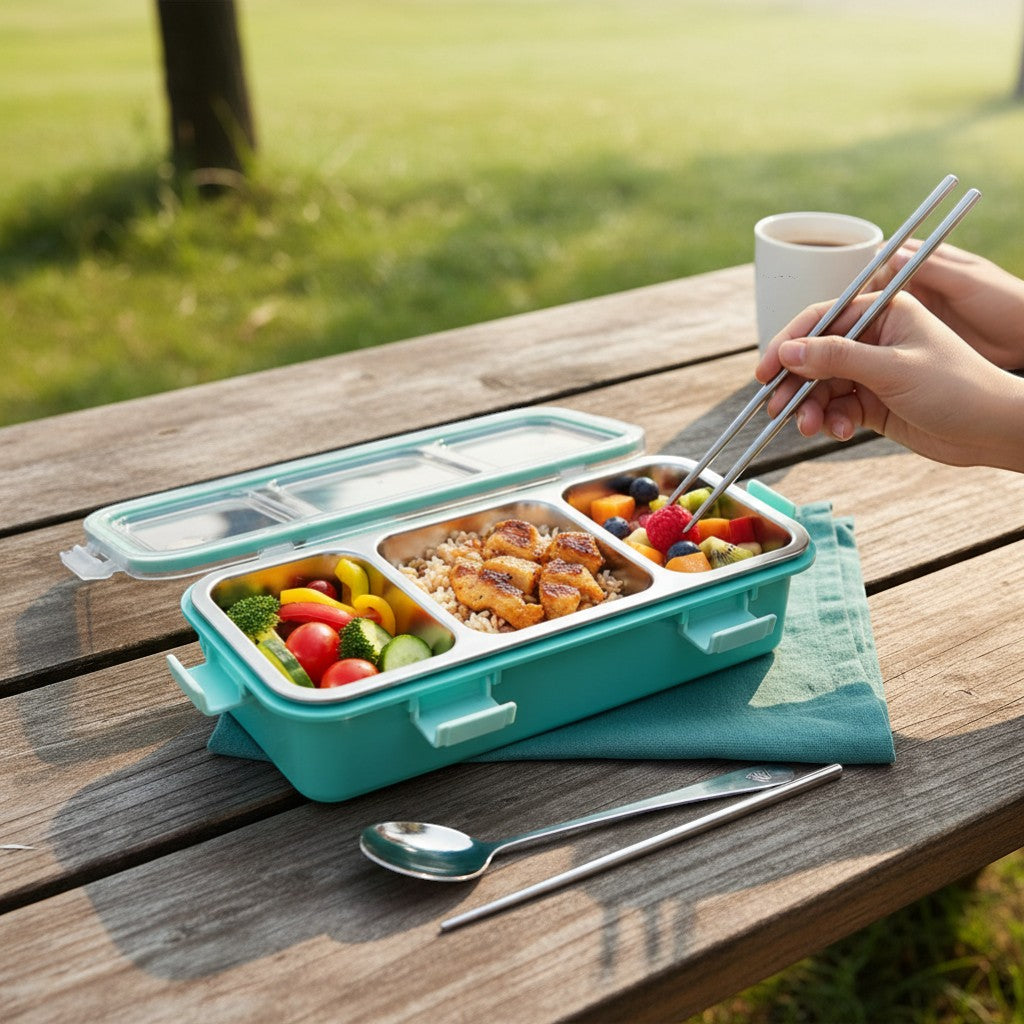 Tiny Tokens teal 3-section stainless steel lunch box with spoon and chopsticks, clear lid with green seal.