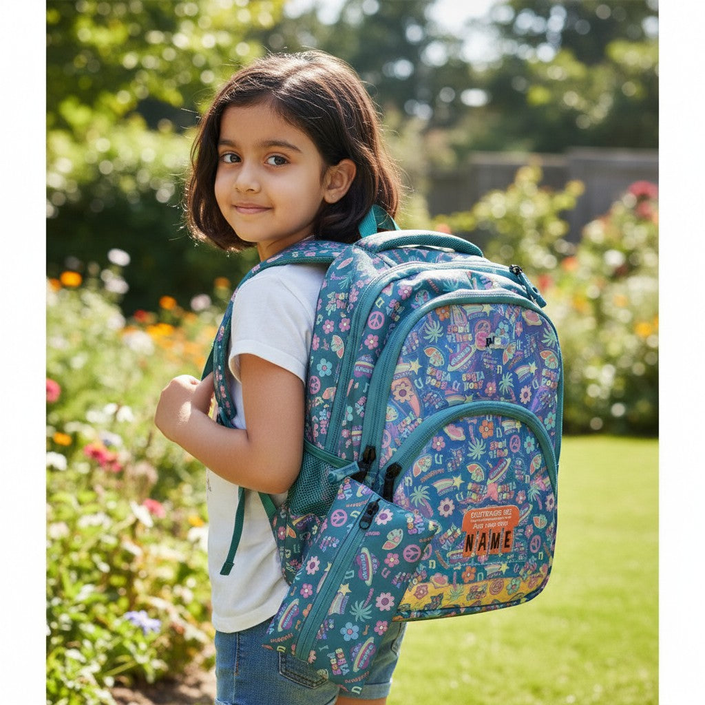 Tiny Tokens teal blue girls backpack with holographic front panel and 'Good Vibes' print. Includes matching pencil pouch and customisable name tag.