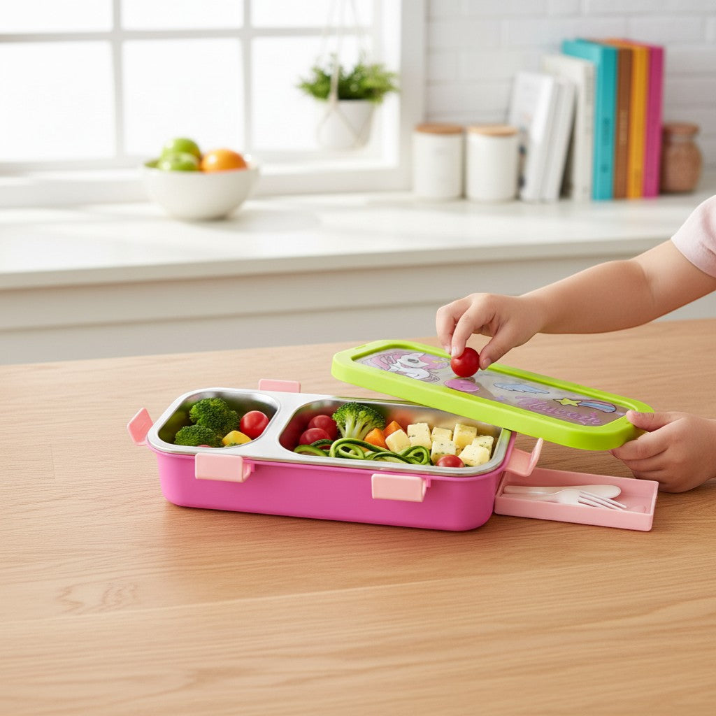 Tiny Tokens unicorn lunch box with 2 stainless steel compartments, pink base, neon green lid with unicorn print, and slide-out cutlery tray.