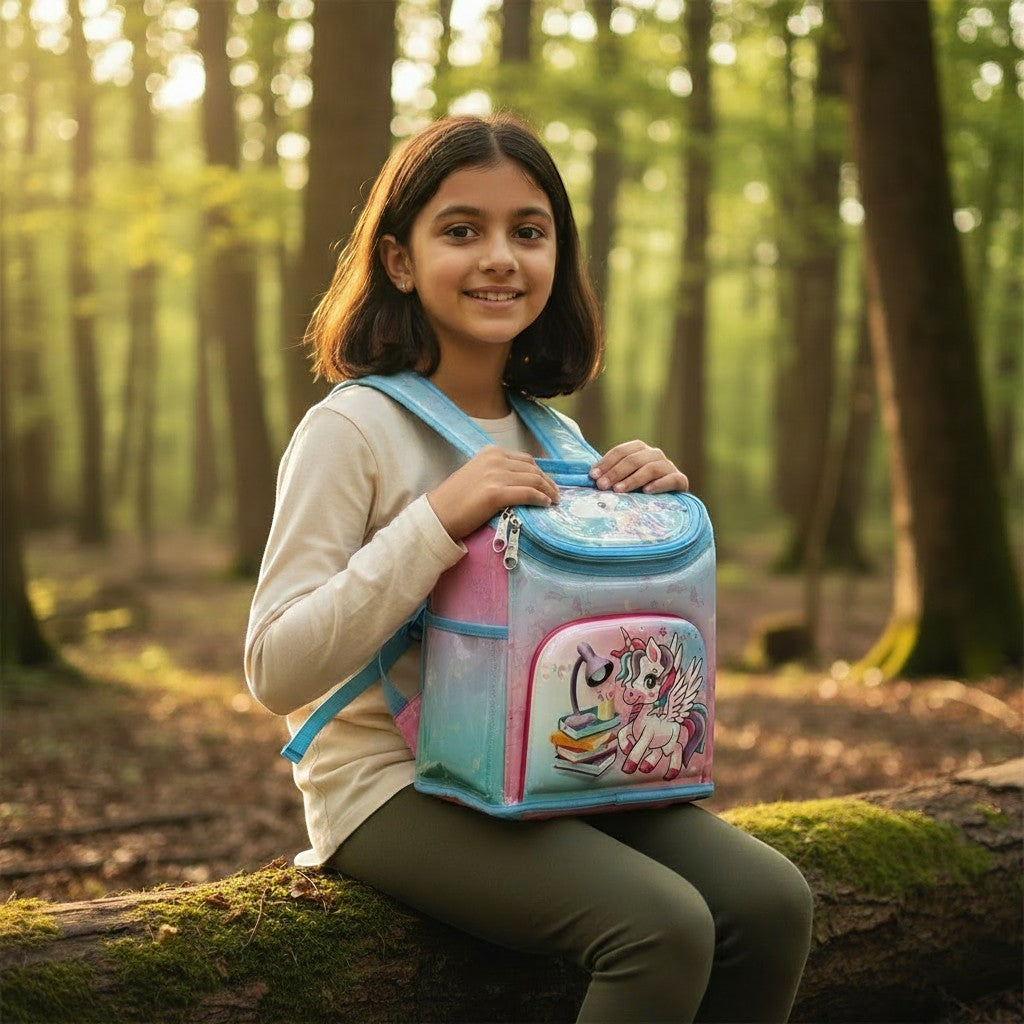 Tiny Tokens pink and blue unicorn tiffin bag for kids with adjustable straps and transparent front panel.