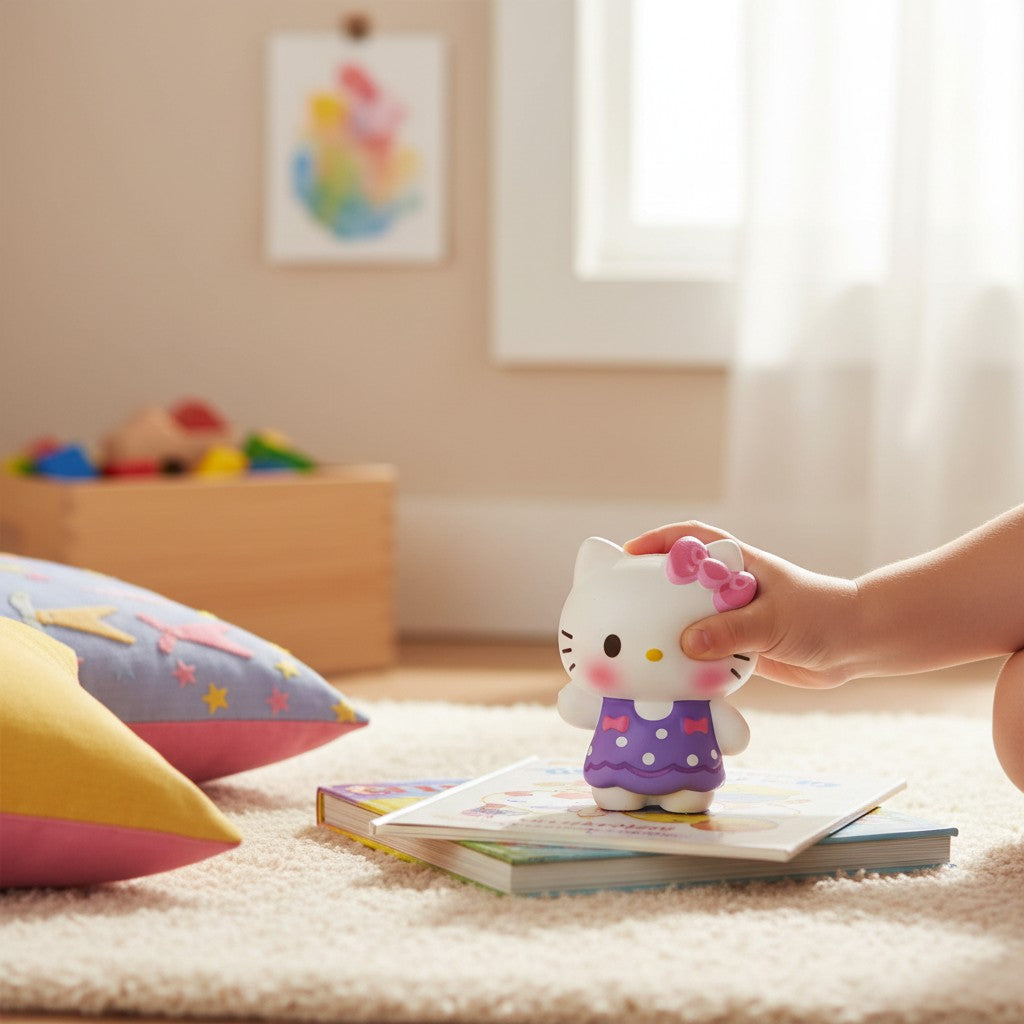 Tiny Tokens white cat squishy toy with pink bow, winking, wearing a purple polka dot dress. Soft rubber sensory toy.