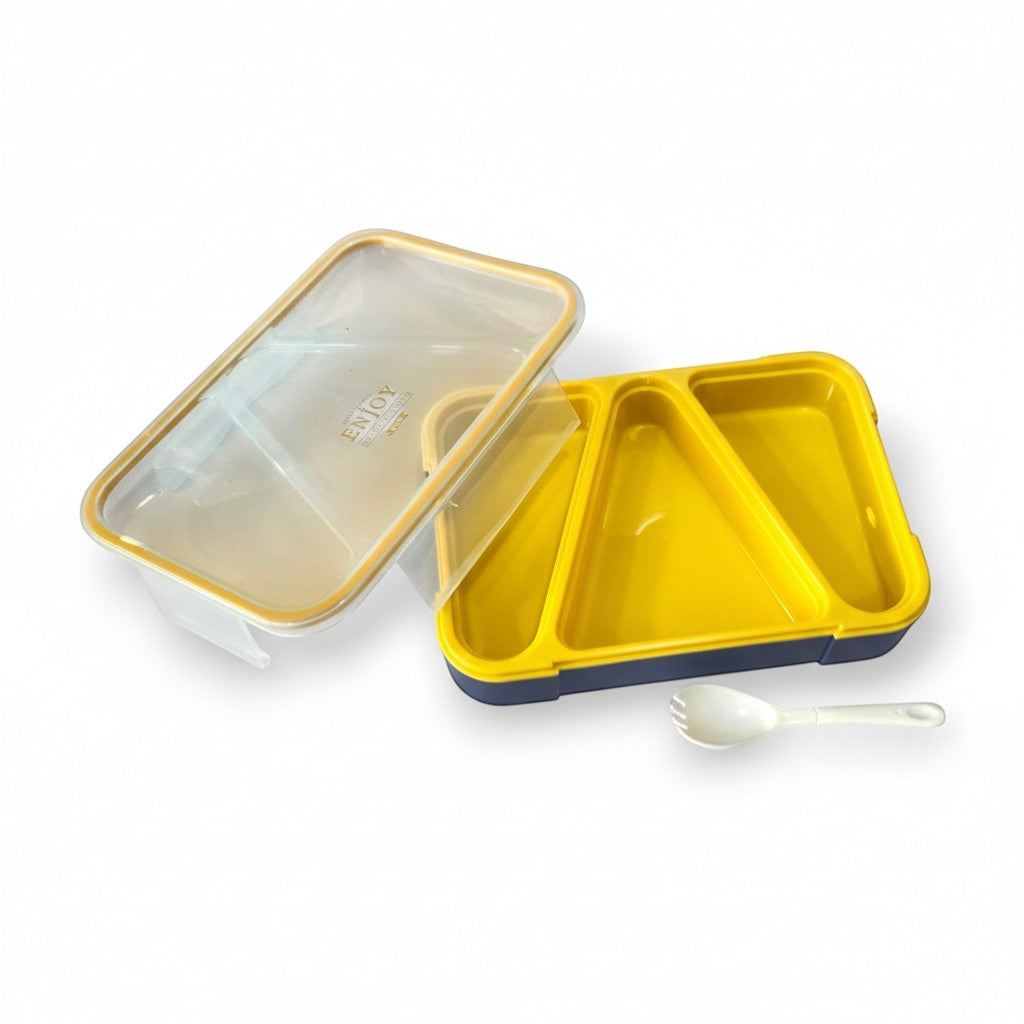 Tiny Tokens yellow and navy 3-compartment bento lunch box with transparent lid and spork. Ideal for school lunches.