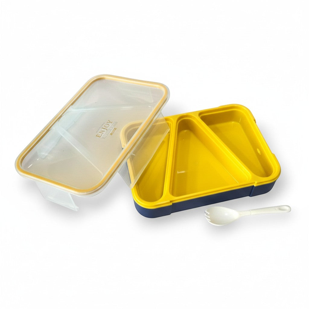 Tiny Tokens yellow and navy 3-compartment bento lunch box with transparent lid and spork. Ideal for school lunches.