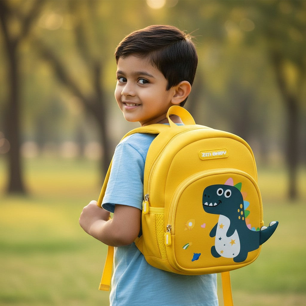 Tiny Tokens yellow neoprene toddler backpack with a blue dinosaur graphic and safety leash. Features ZM BABY logo.