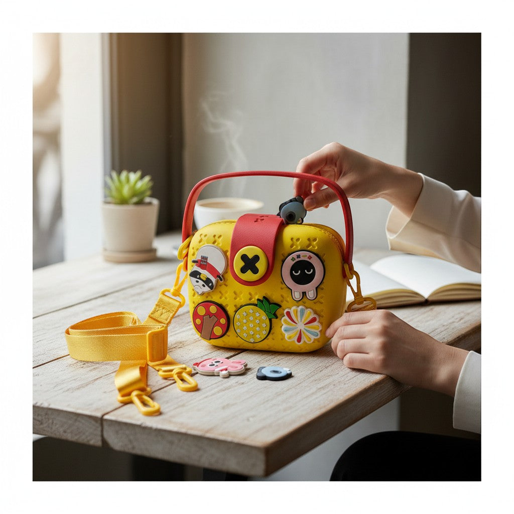 Tiny Tokens yellow EVA kids handbag with red handle, zipper closure, and fun charms. Includes yellow crossbody strap.