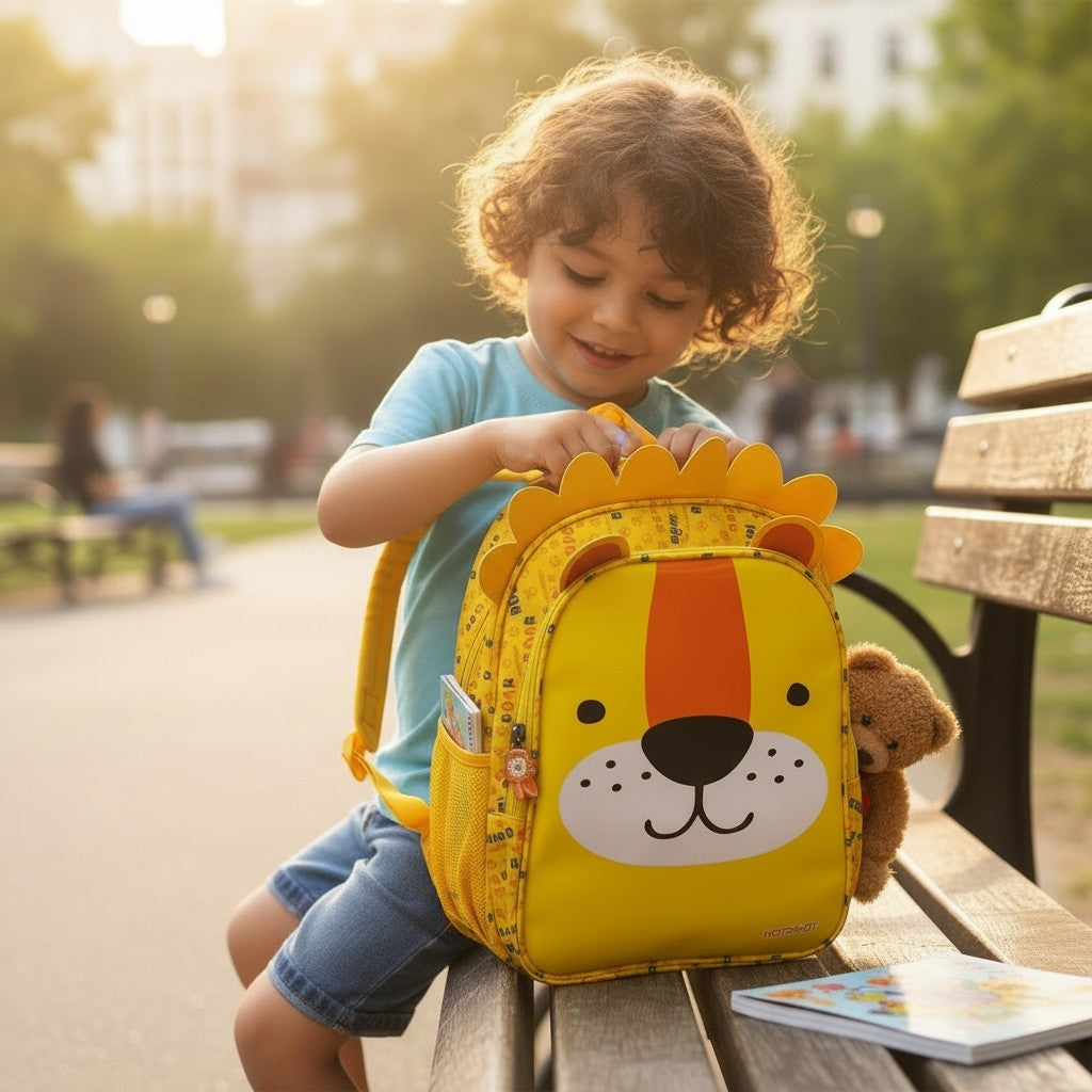 Tiny Tokens yellow polyester toddler backpack with 3D lion face and mane, roar print, and side pockets.