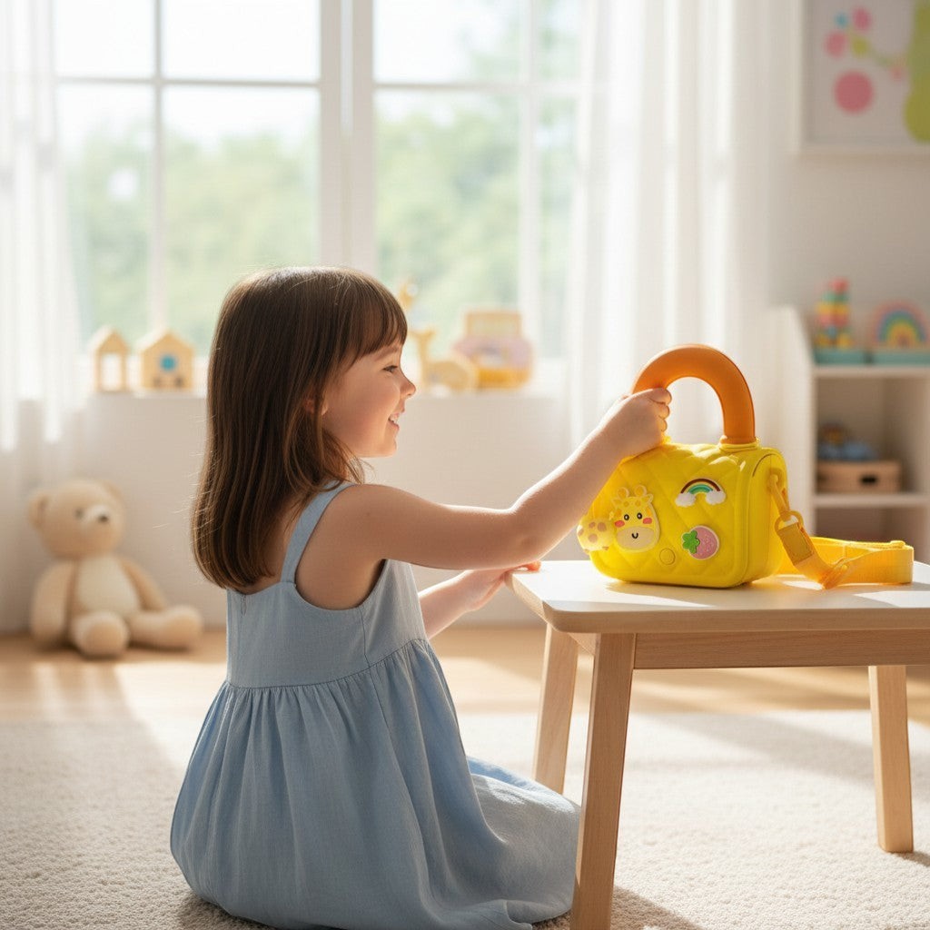 Tiny Tokens yellow quilted silicone kids handbag with 3D giraffe face, rainbow and strawberry charms, orange handle and crossbody strap.