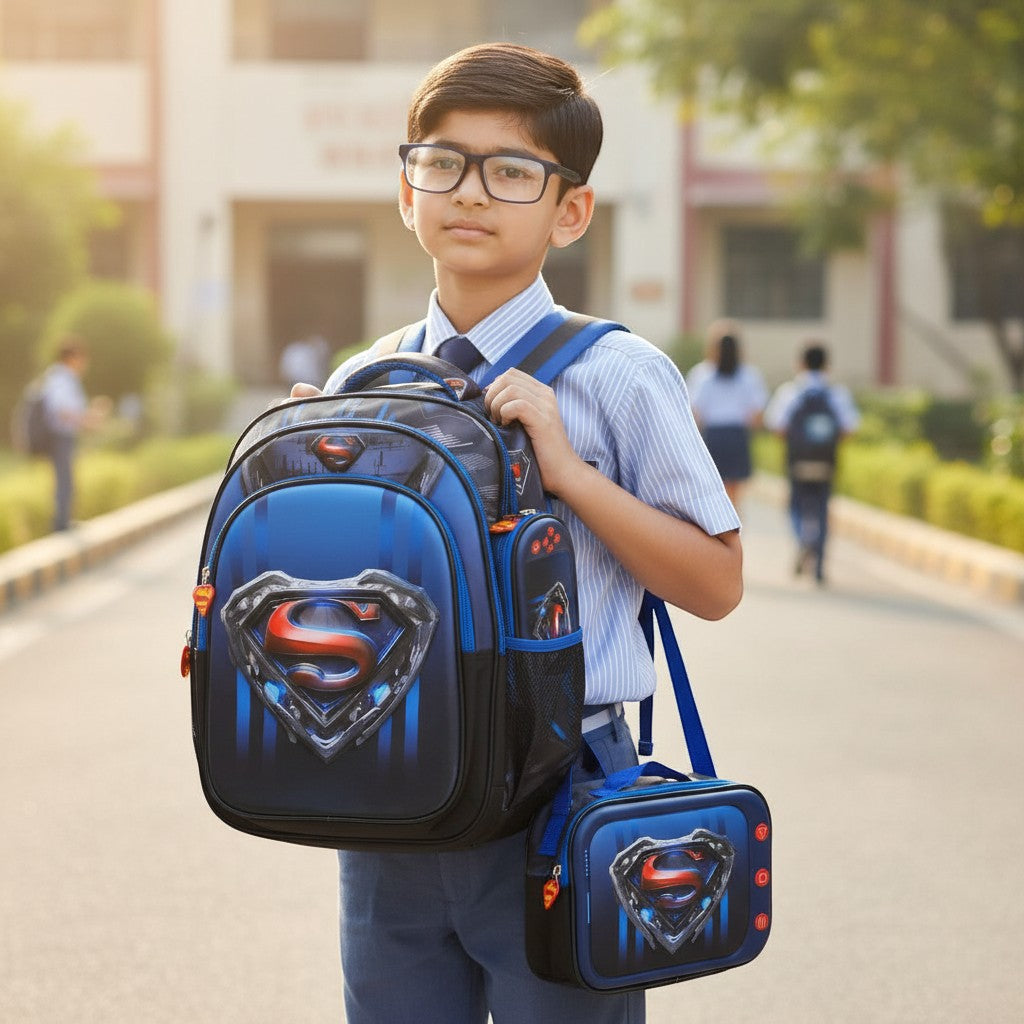 Tiny Tokens 3-in-1 blue and black superhero school bag set with 3D Superman shield, lunch bag, and pencil pouch.