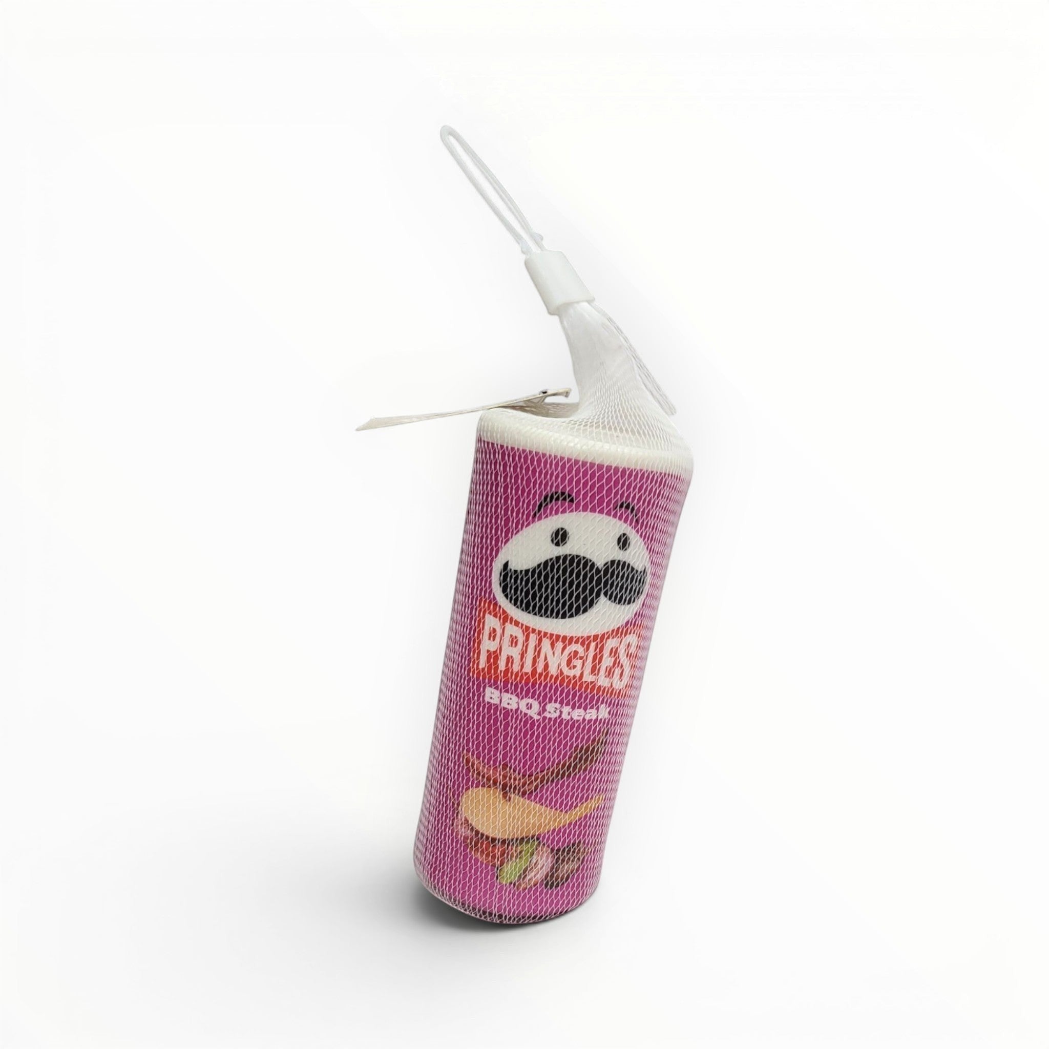 Tiny Tokens BBQ Steak Pringles can squishy stress toy for kids, made of soft rubber with a mesh bag.
