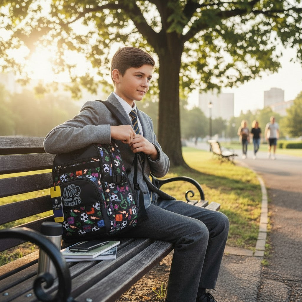 Tiny Tokens black polyester backpack with vibrant football and gaming print, padded straps, and multiple compartments.