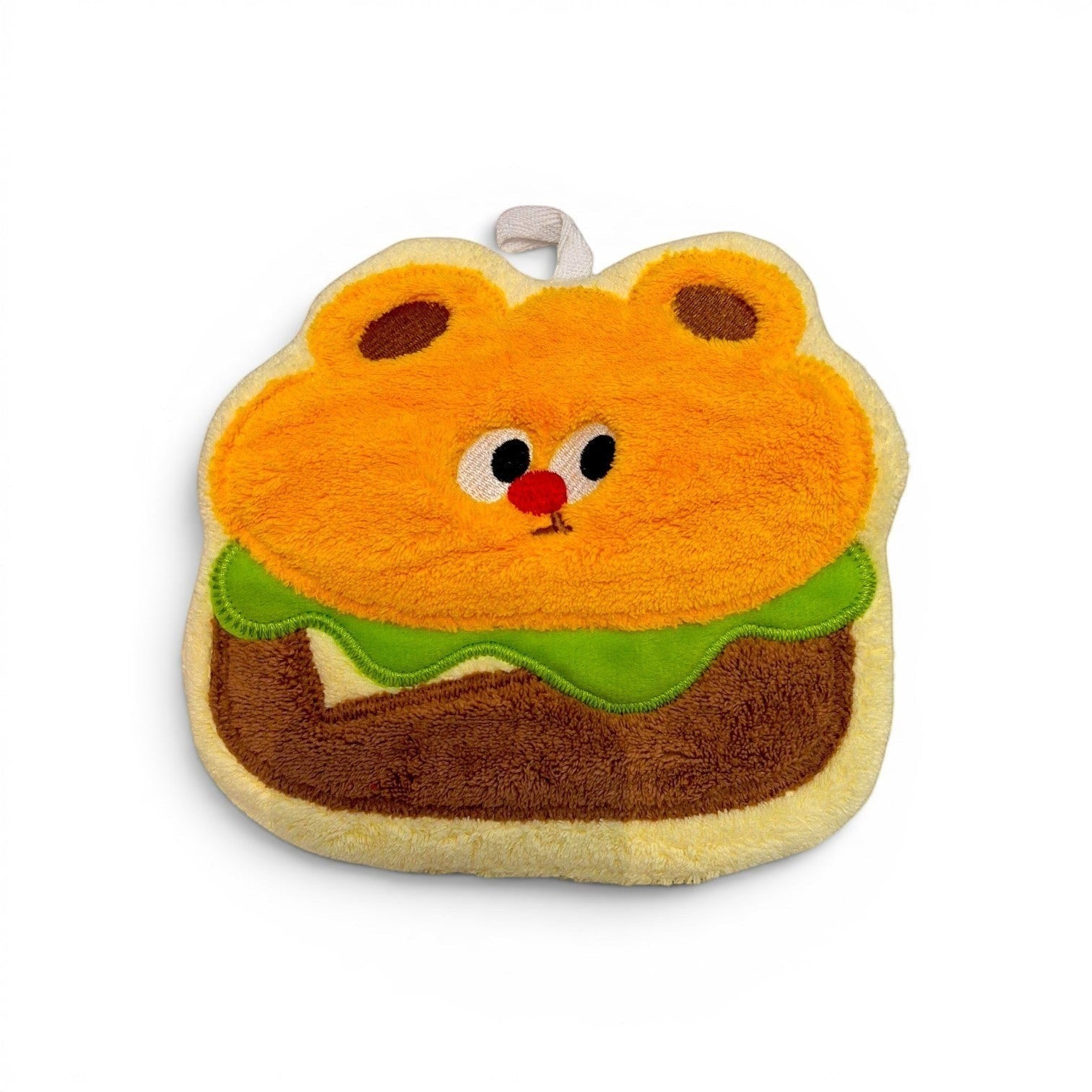 Tiny Tokens burger bear plush hand towel with hanging loop, made of soft terry cloth.