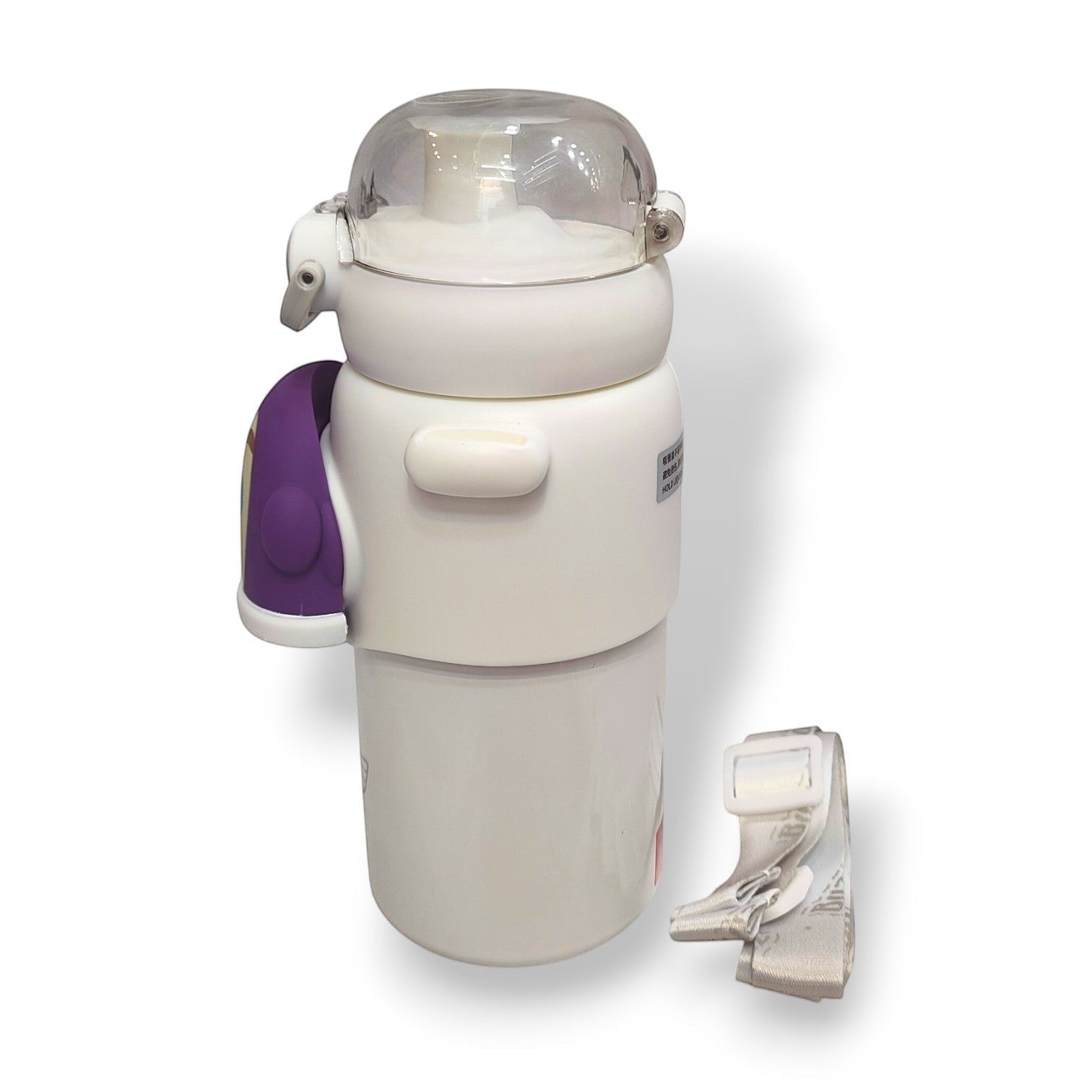 Tiny Tokens Buzz Lightyear kids water bottle with purple 3D badge, clear dome flip-straw lid, and white strap.