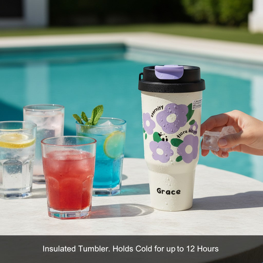 Tiny Tokens cream steel tumbler with purple floral bloom print and lavender flip lid. Features "Grace" text.