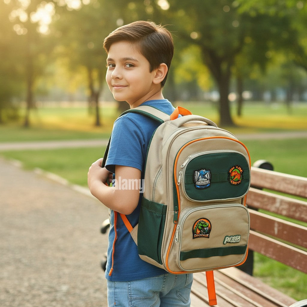 Tiny Tokens khaki, green, and orange dinosaur backpack for boys with embroidered dino badges and multiple compartments.