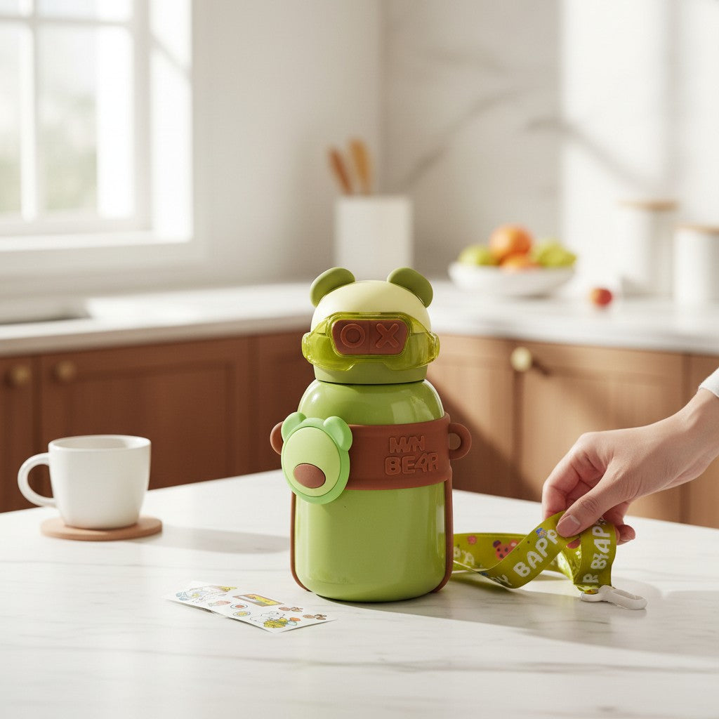 Tiny Tokens green stainless steel kids water bottle with bear design, straw sipper, strap, and stickers.