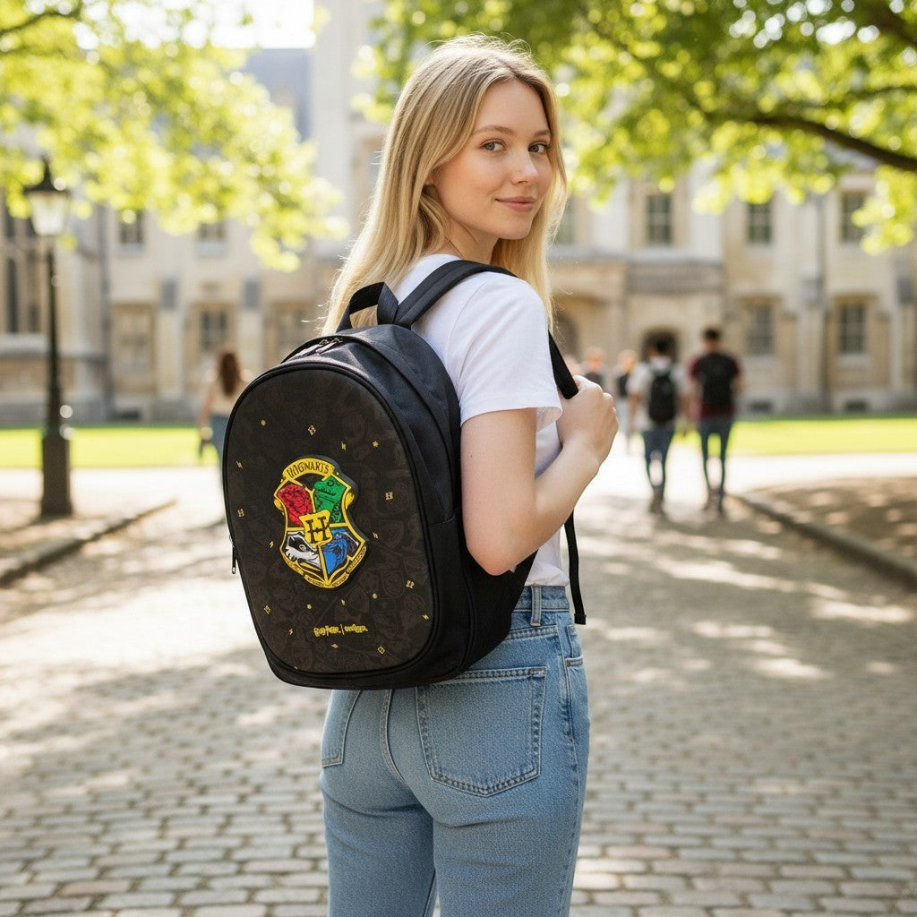 Tiny Tokens Harry Potter Hogwarts backpack in black with the Hogwarts crest and gold accents. A young woman wears it outdoors.