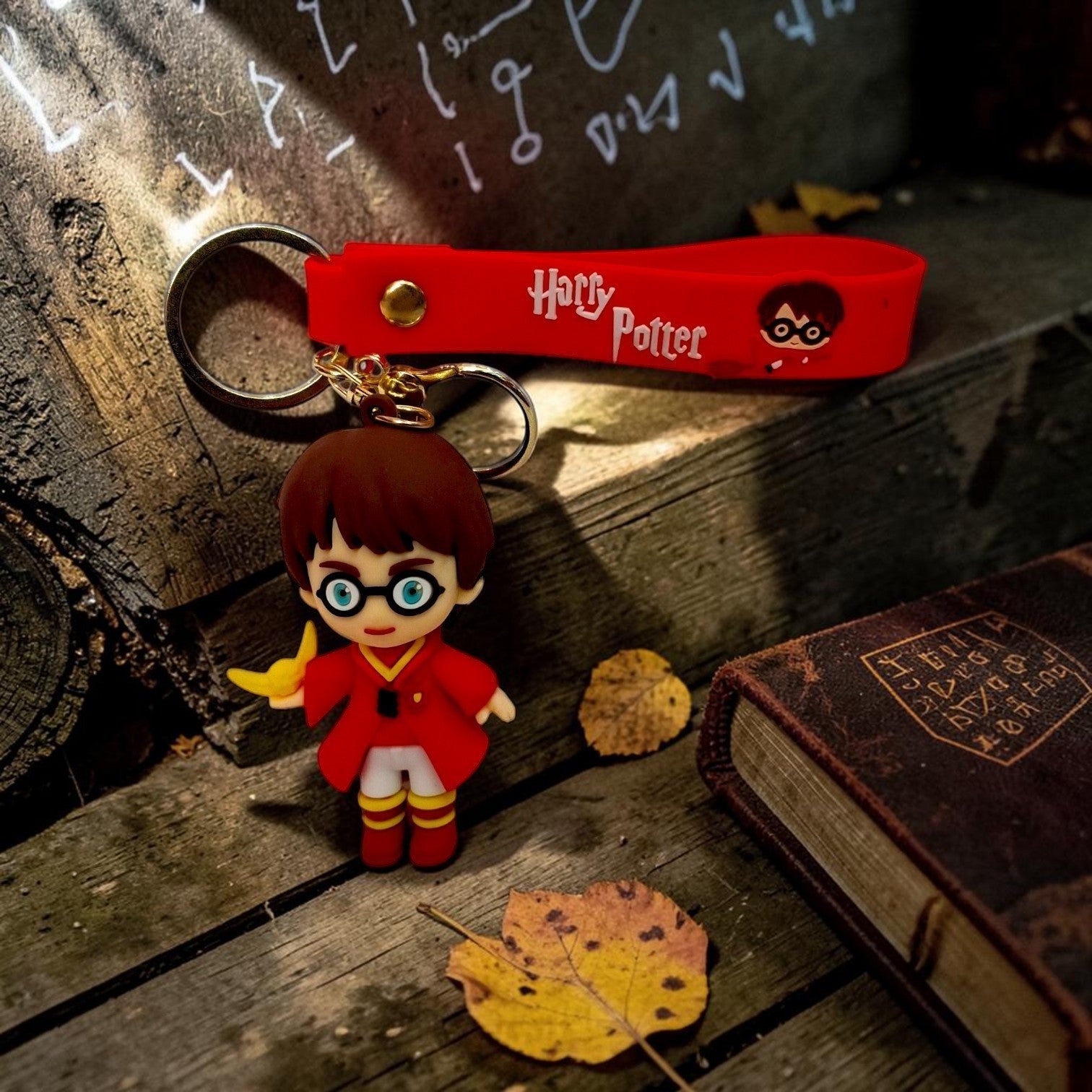 Tiny Tokens Harry Potter 3D rubber keychain with red strap and gold hardware. Features a chibi Harry Potter figure holding a wand.