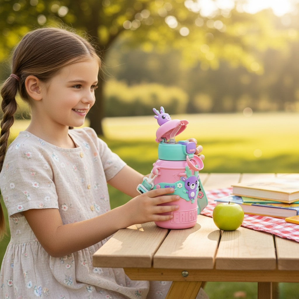 Tiny Tokens pink and teal stainless steel water bottle with 3D deer topper, straw lid, and adjustable strap.