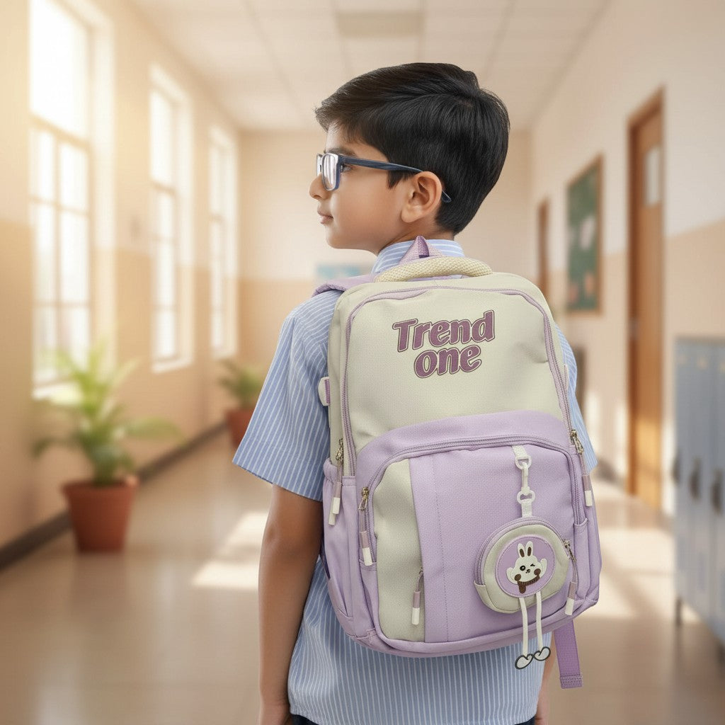 Tiny Tokens lavender and cream colorblock school backpack with cute bunny coin pouch and gold hardware.