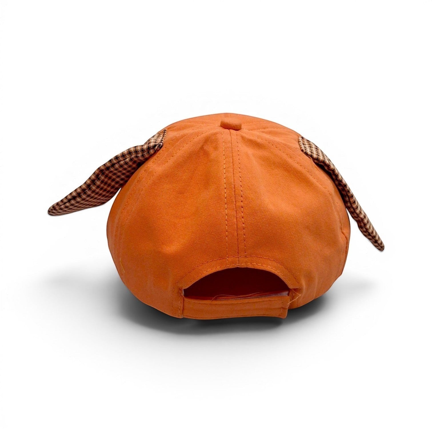 Tiny Tokens orange cotton baseball cap for kids with brown checkered floppy dog ears and a front rubber badge detail.
