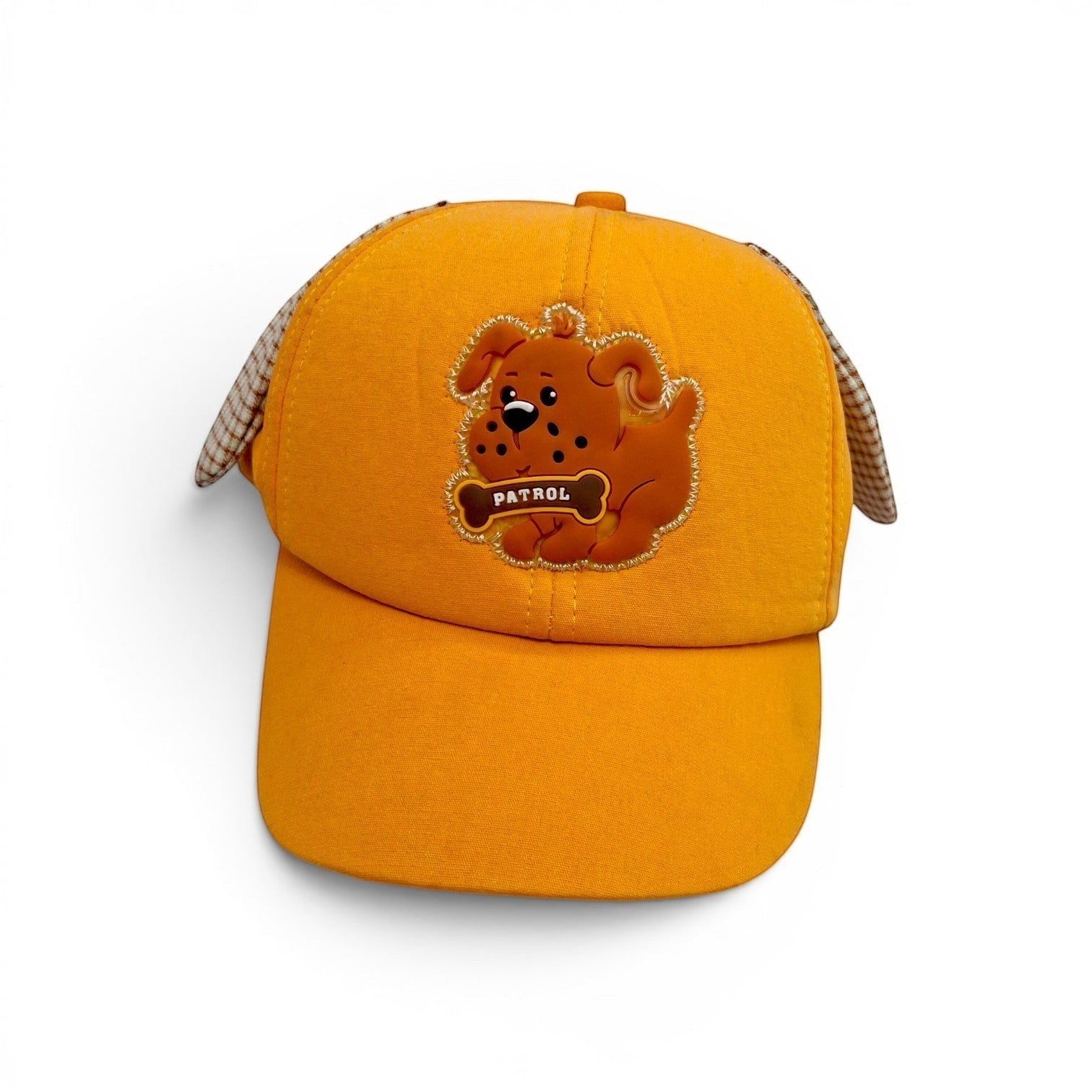 Tiny Tokens orange cotton baseball cap for kids with 3D dog patch and floppy checkered ears. Features a curved brim for sun protection.