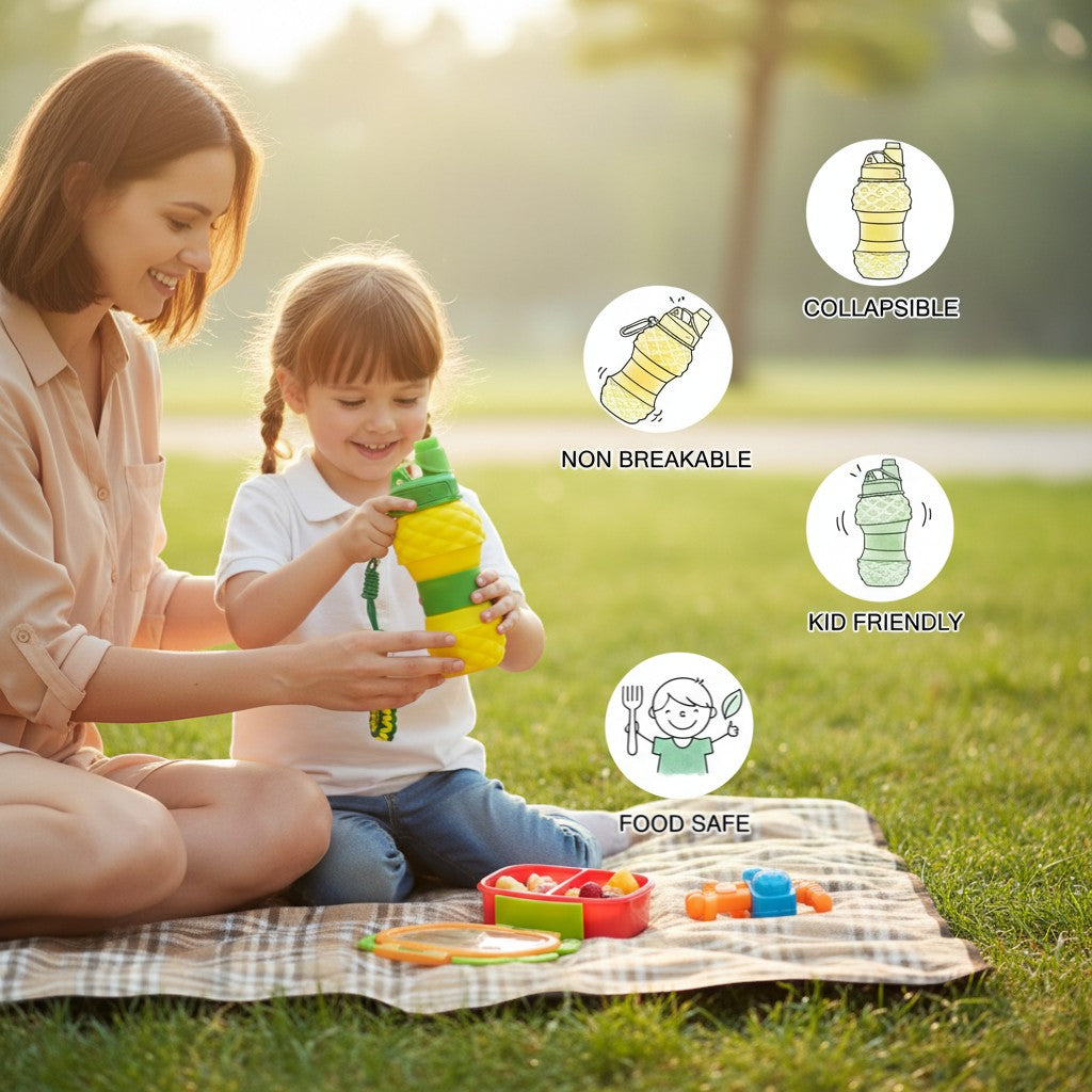 Tiny Tokens neon yellow and green pineapple collapsible silicone water bottle with wrist strap and carabiner clip.