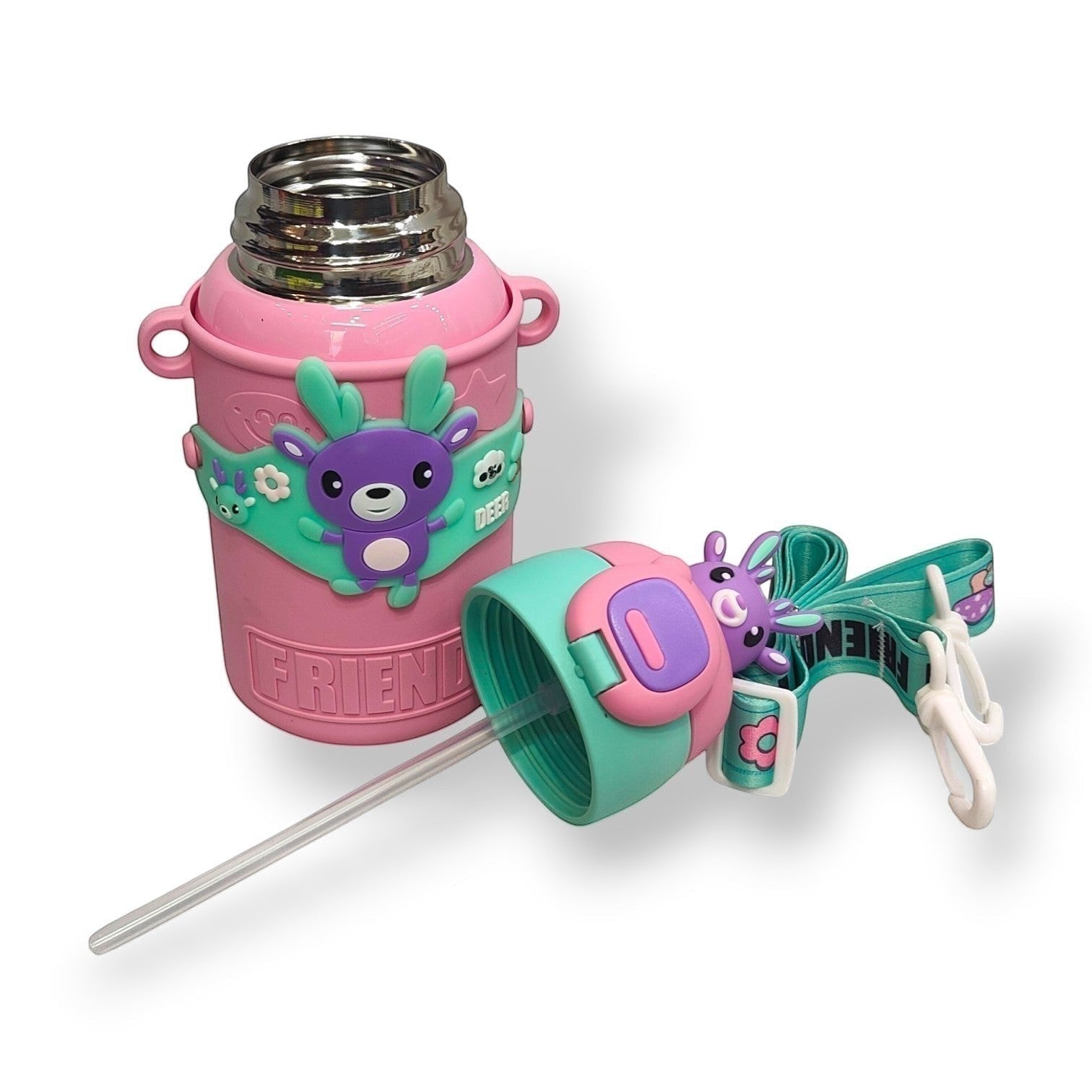 Tiny Tokens pink stainless steel kids water bottle with purple 3D deer topper, flip straw lid, and teal strap.