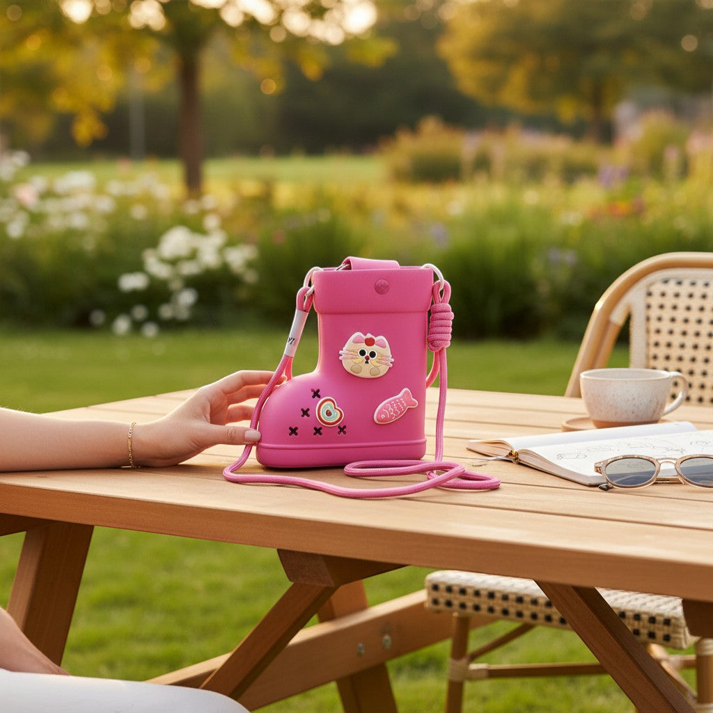 Tiny Tokens pink EVA boot-shaped crossbody bag for kids with cat and fish charms, adjustable strap.