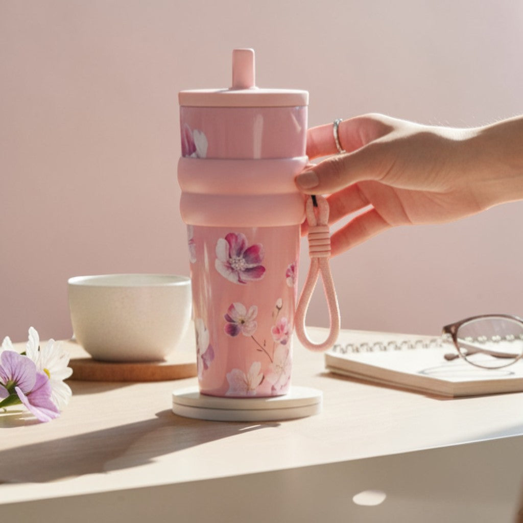 Tiny Tokens pink floral steel sipper bottle with dual straw lid and carabiner loop. Features a silicone grip band.