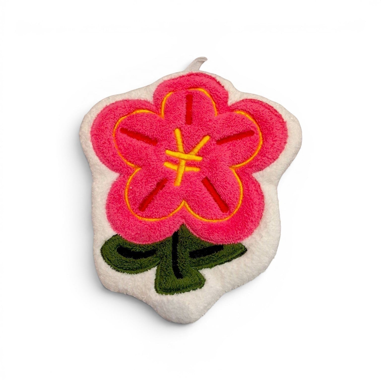 Tiny Tokens pink flower plush hand towel with green leaves and a hanging loop. Soft terry cloth.