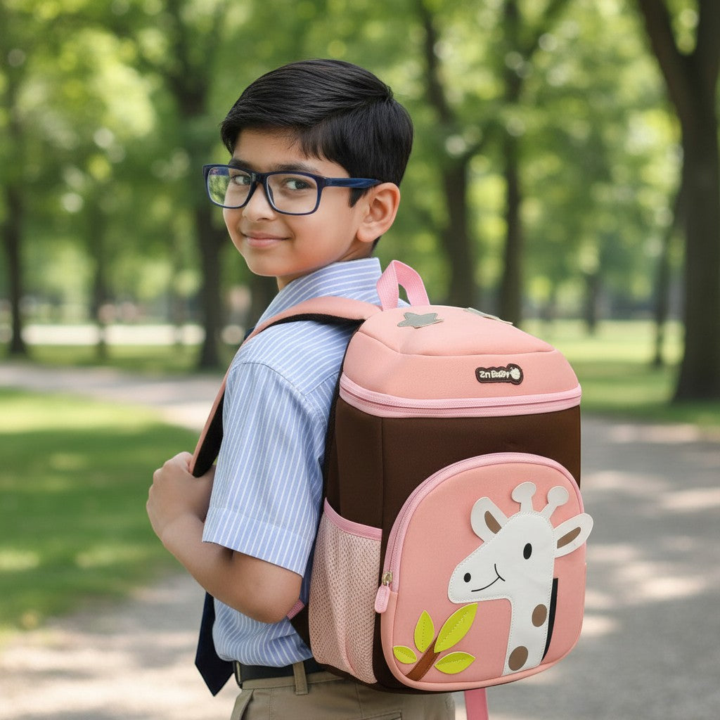 Tiny Tokens pink and brown neoprene toddler backpack with a giraffe face and leaves design, side mesh pockets, and Zm Baby branding.