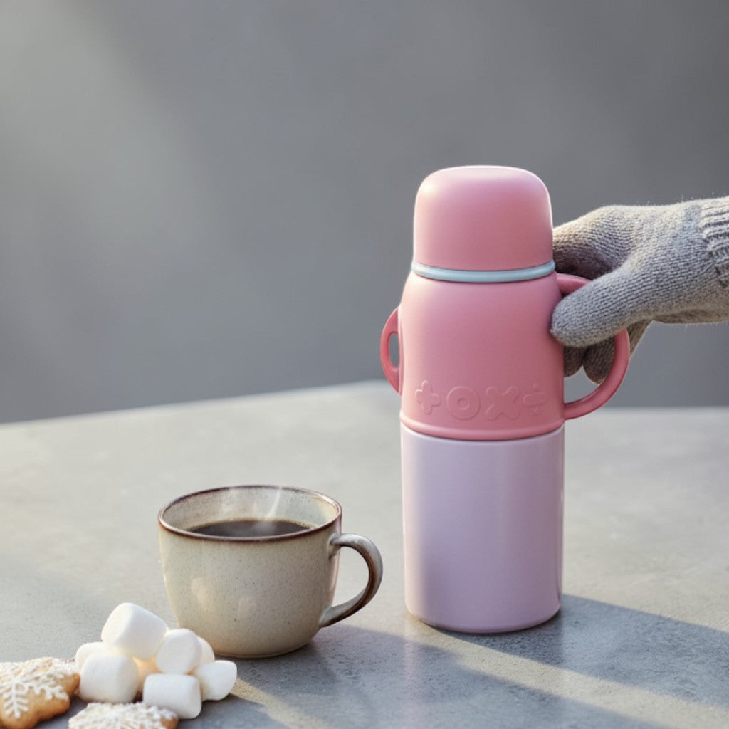 Tiny Tokens pink and lavender two-tone insulated steel bottle with maths symbols and carry handle.