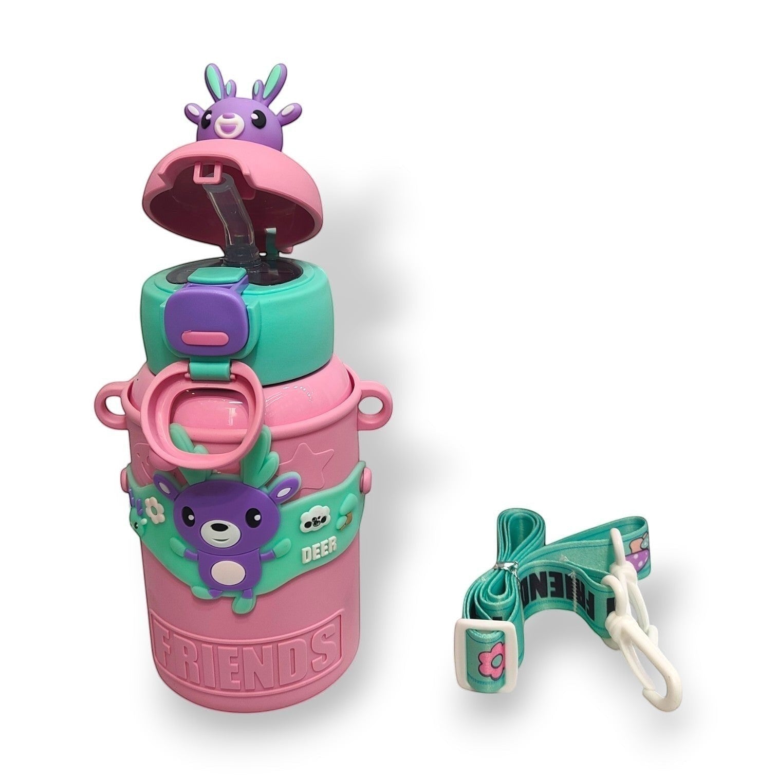 Tiny Tokens pink and teal stainless steel water bottle with 3D deer topper, straw lid, and adjustable strap. Features a cute deer design and 'FRIENDS' text.