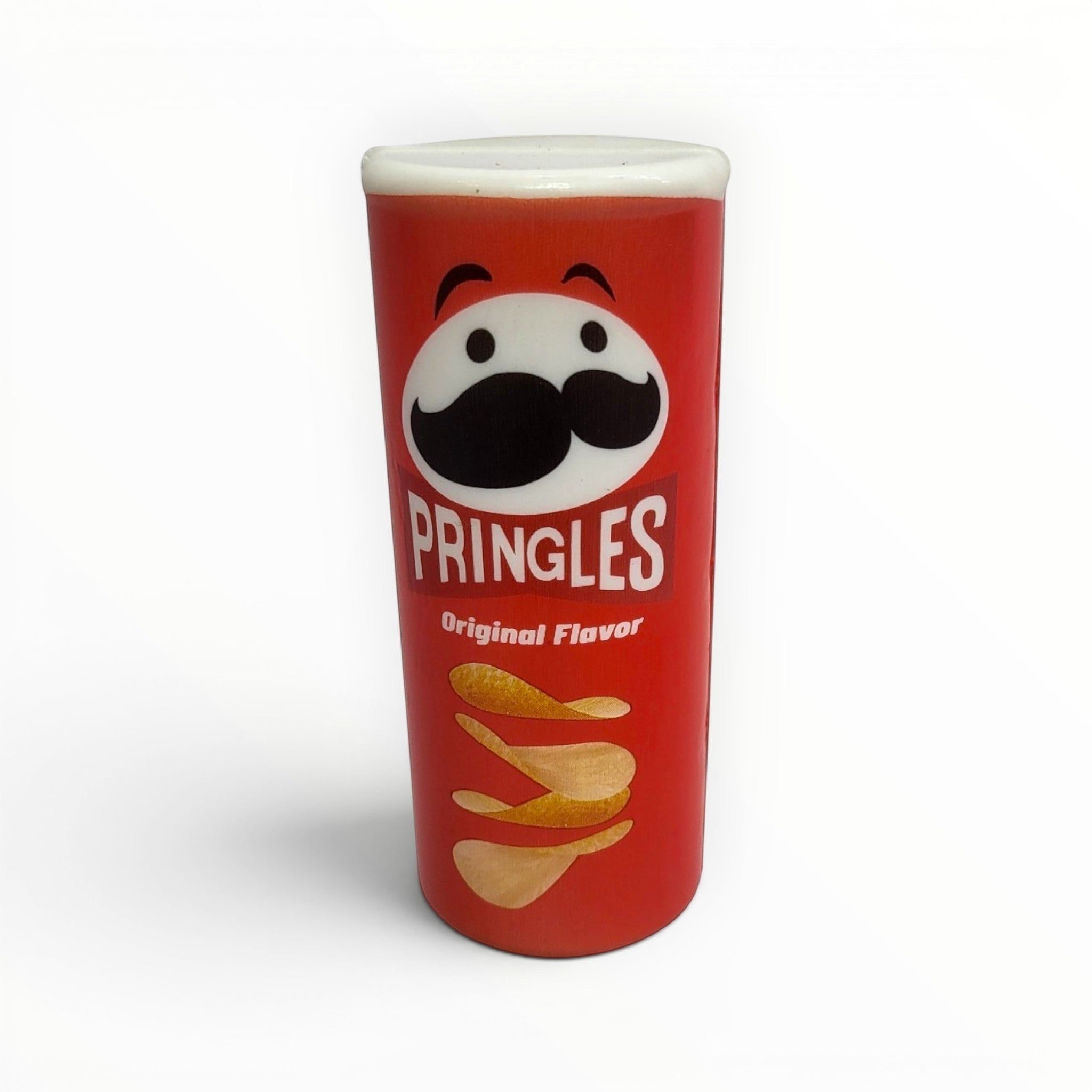 Tiny Tokens Original Flavor Pringles can squishy stress toy for kids. Red rubber toy with iconic Mr. P face and Pringles logo.